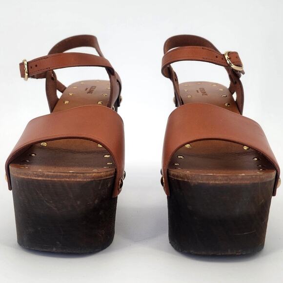Celine Wooden Platform Wedge Sandals Tan Leather Gold Studs 37 (US 7) - Picture 5 of 17